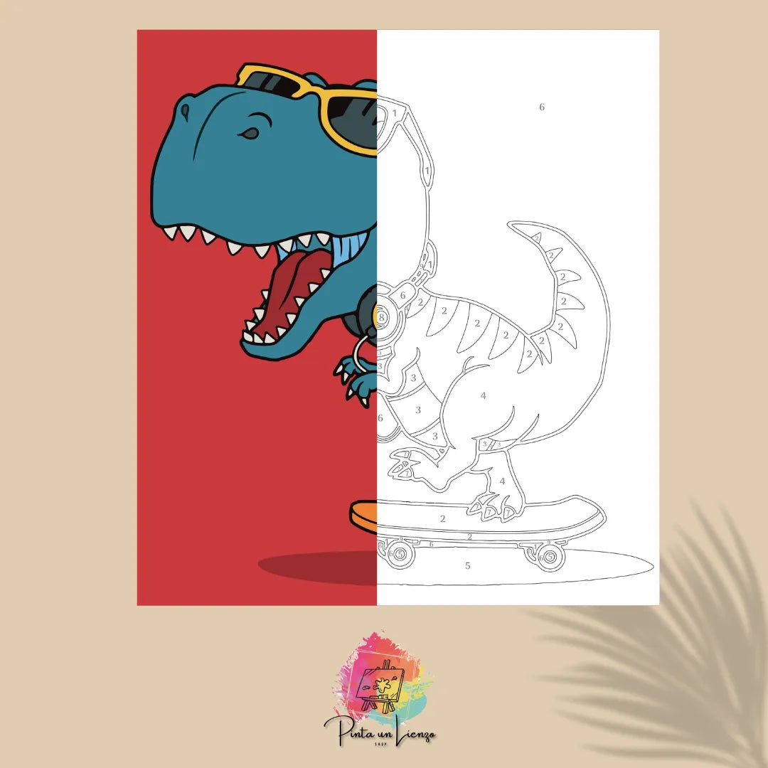 Kit de pintura por números - Dinosaurio T-Rex en Patineta y Gafas