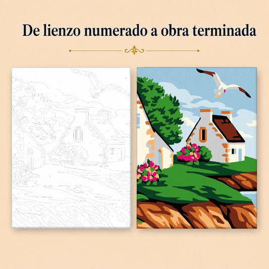 Kit para pintar por números - Paisaje Casas en la Costa y Gaviotas