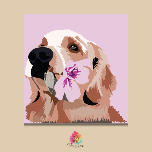 Kit para pintar por números - Perro Golden Retriever Flor fondo rosa