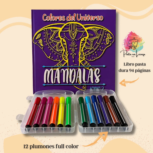 Kit Libro de Mandalas Pasta Dura + Plumones o colores