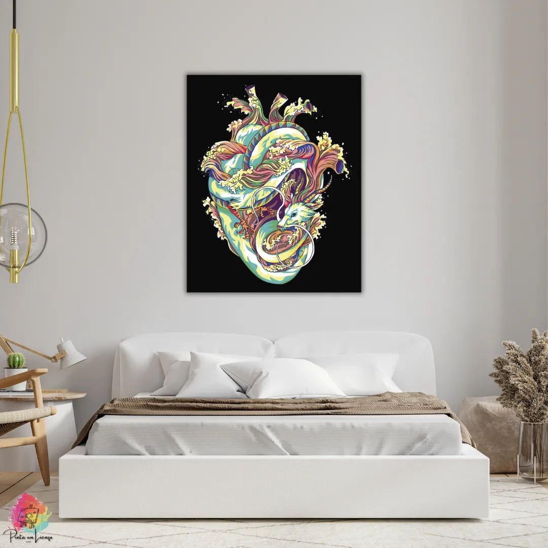 Kit para pintar por números - Dragón y corazón fondo negro