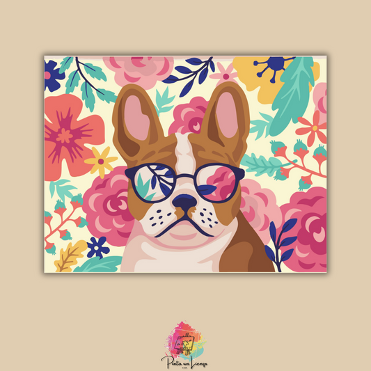 Kit para pintar por números - Perro Buldog Gafas y Flores