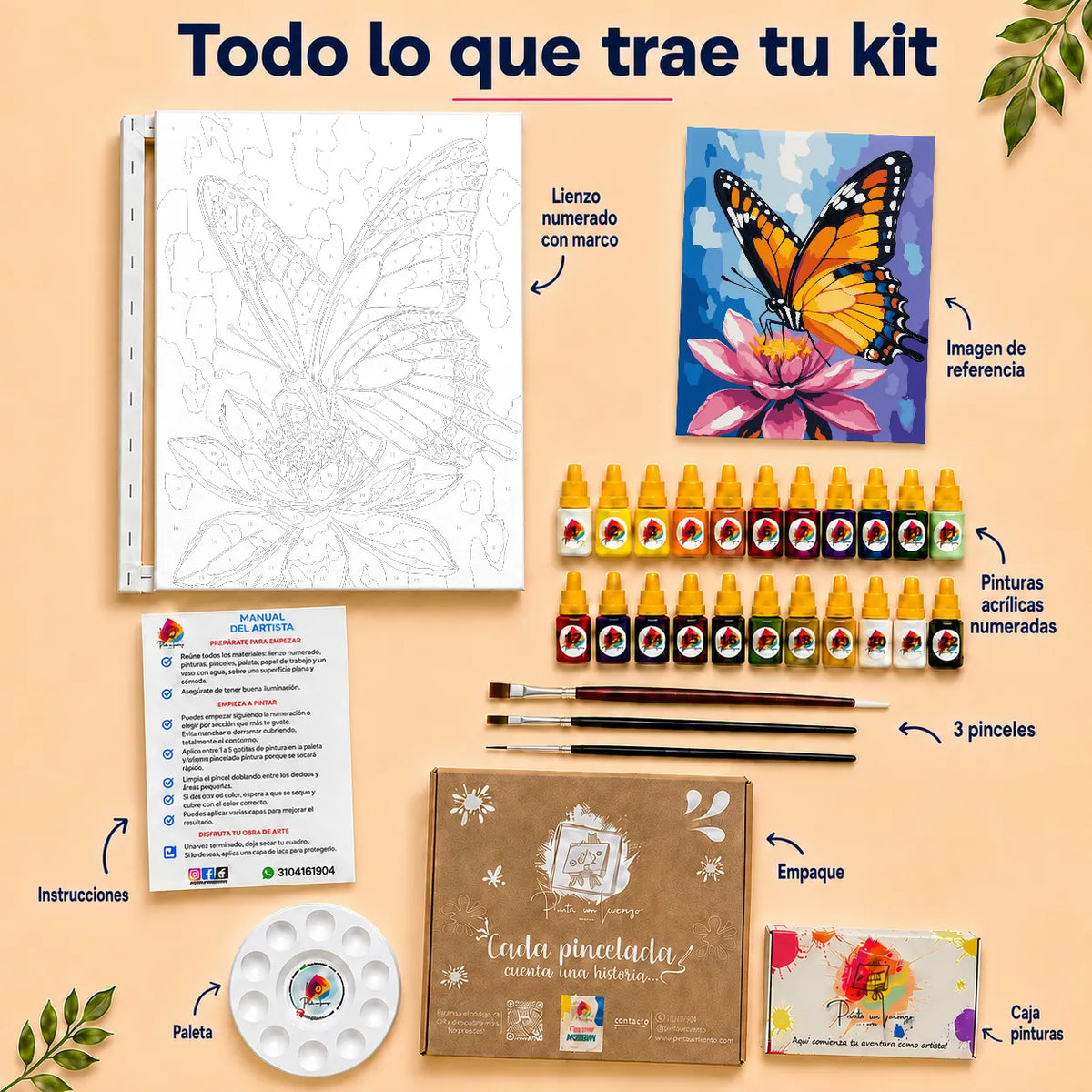 Kit de Lienzo para Pintar por Números - Mariposa Monarca y Flor de Loto