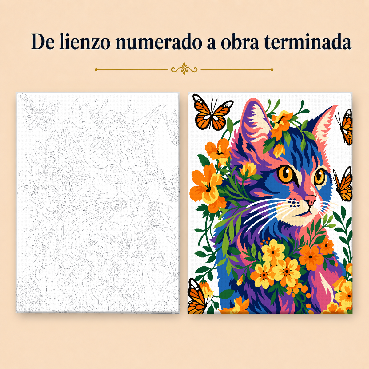 Kit de Lienzo para Pintar por Números - Gato flores y mariposas