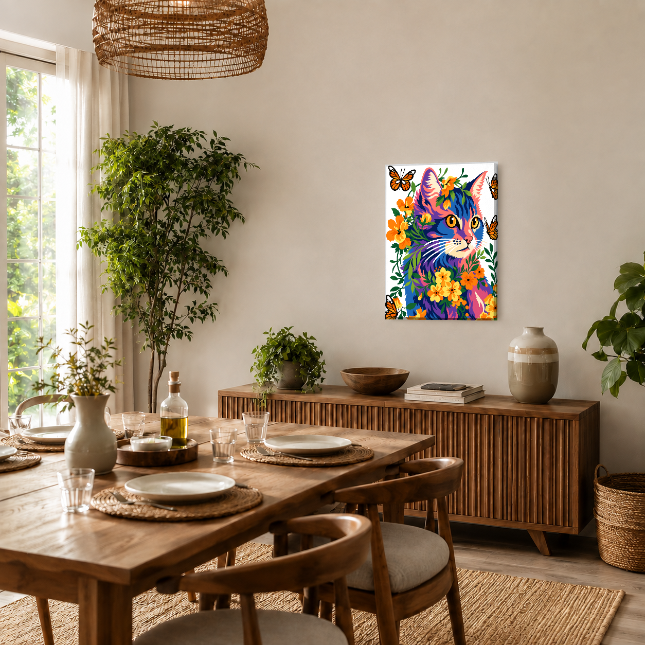Kit de Lienzo para Pintar por Números - Gato flores y mariposas
