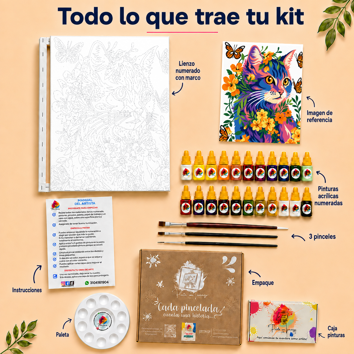 Kit de Lienzo para Pintar por Números - Gato flores y mariposas