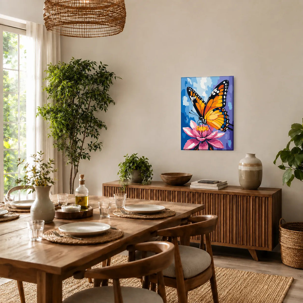 Kit de Lienzo para Pintar por Números - Mariposa Monarca y Flor de Loto