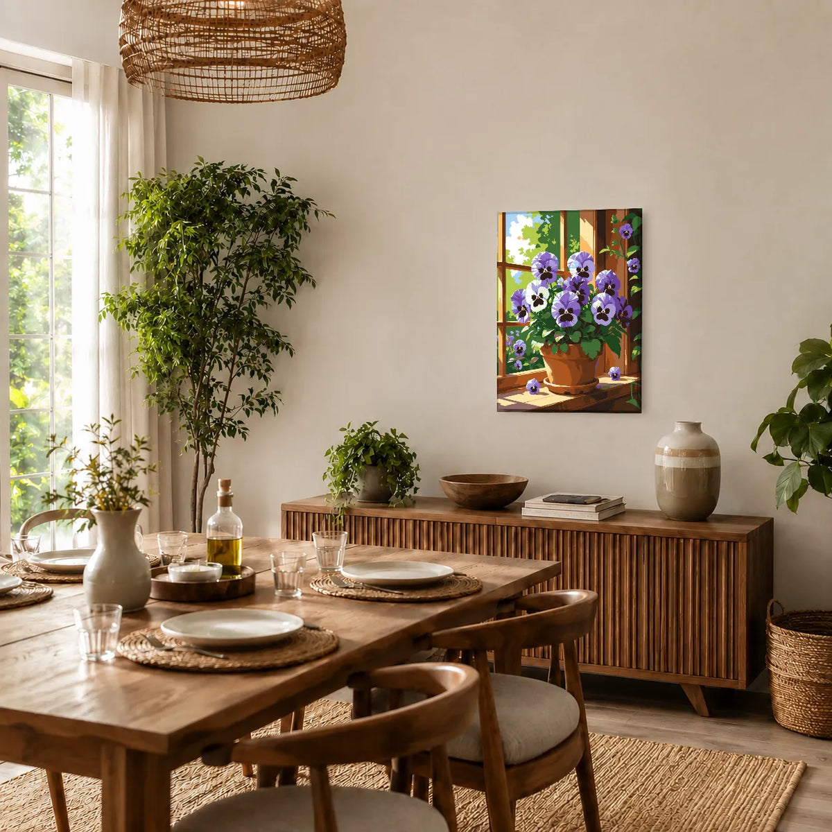 Kit de Lienzo para Pintar por Números - Flores Moradas ventana