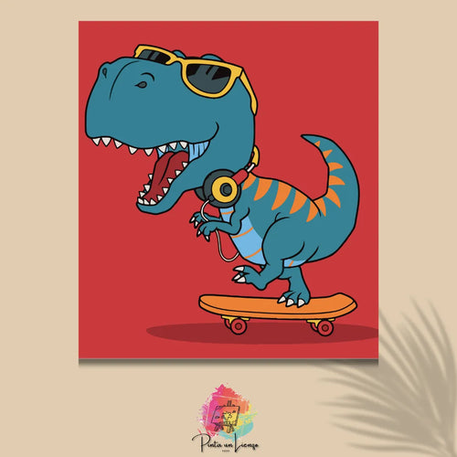 Kit de pintura por números - Dinosaurio T-Rex en Patineta y Gafas