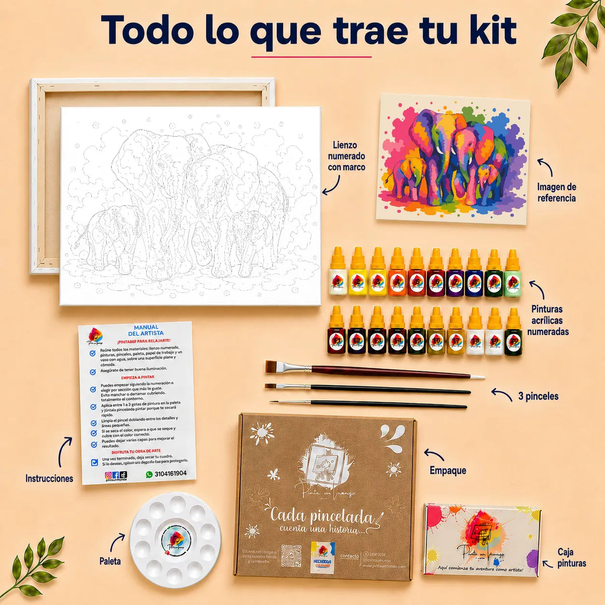 Kit de Lienzo para Pintar por Números - Familia Elefantes colorida