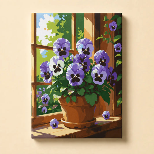 Kit de Lienzo para Pintar por Números - Flores Moradas ventana