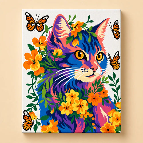Kit de Lienzo para Pintar por Números - Gato flores y mariposas