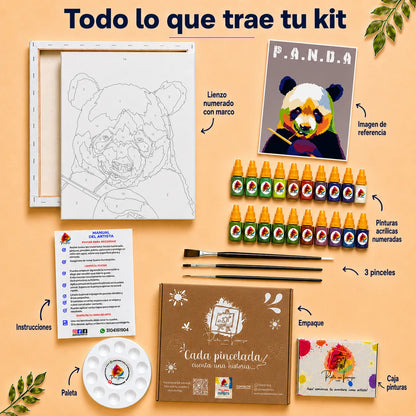 Kit de Lienzo para Pintar por Números - Oso Panda Pop Art Colorido