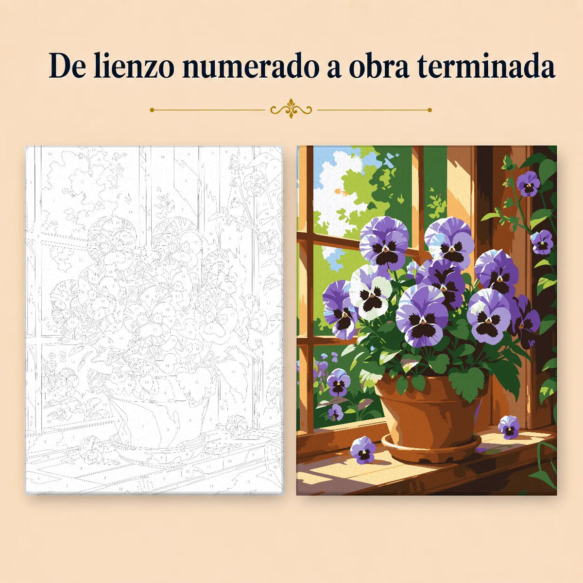 Kit de Lienzo para Pintar por Números - Flores Moradas ventana
