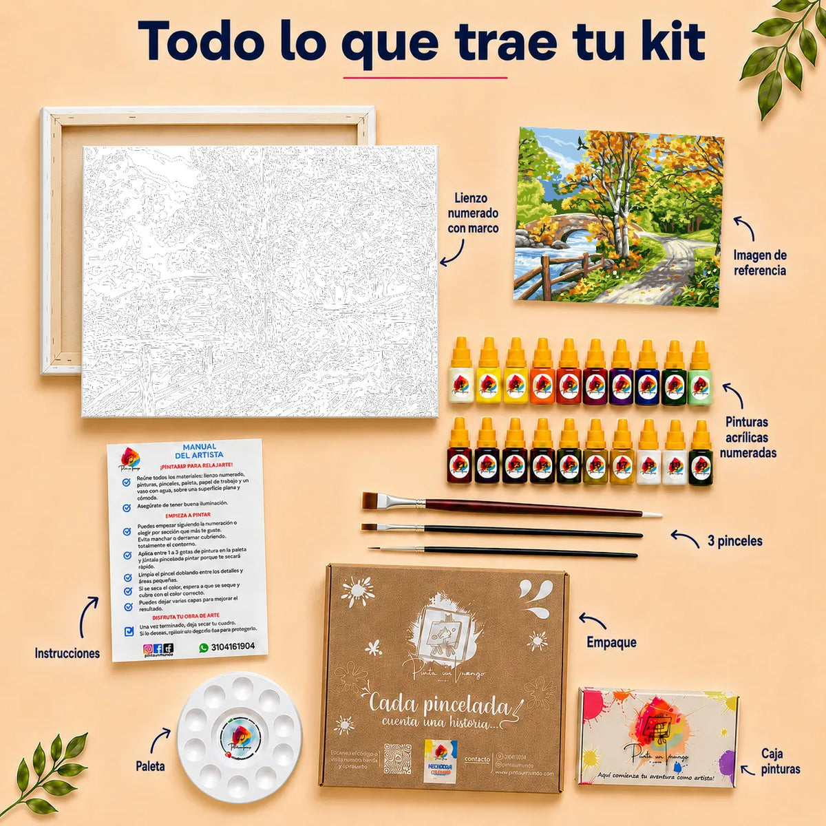 Kit para pintar por números - Paisaje Puente y Rio en el Bosque otoñal
