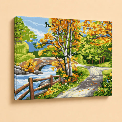 Kit para pintar por números - Paisaje Puente y Rio en el Bosque otoñal