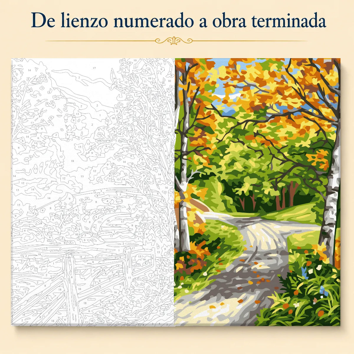 Kit para pintar por números - Paisaje Puente y Rio en el Bosque otoñal