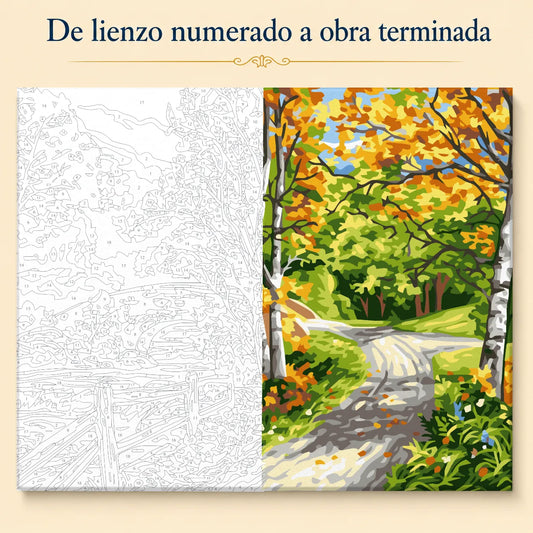 Kit para pintar por números - Paisaje Puente y Rio en el Bosque otoñal
