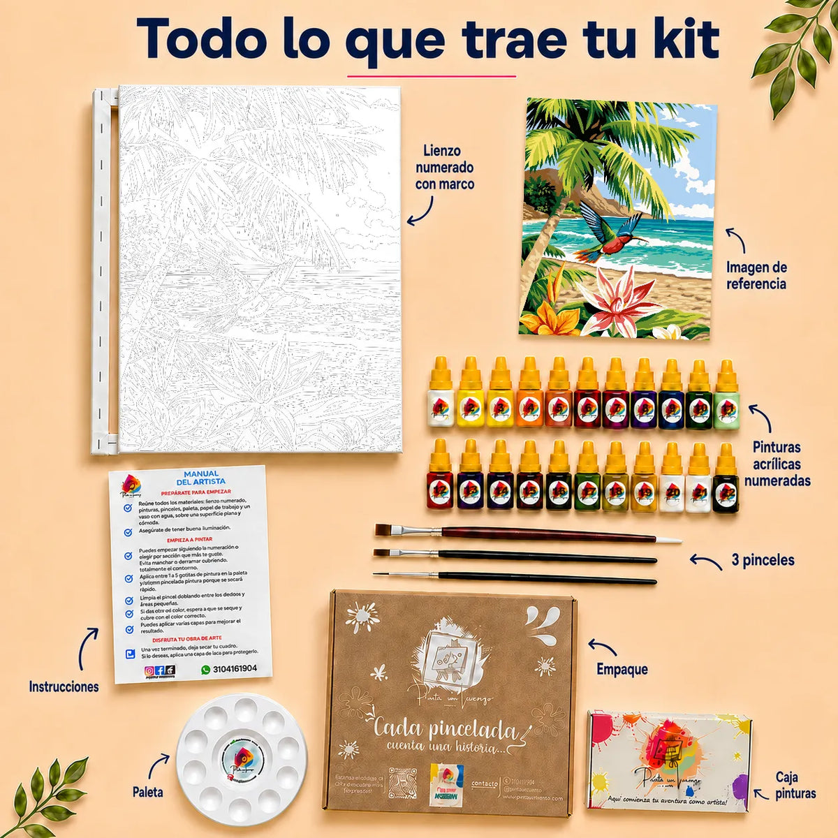 Kit para pintar por números - Paisaje Palma y Colibrí