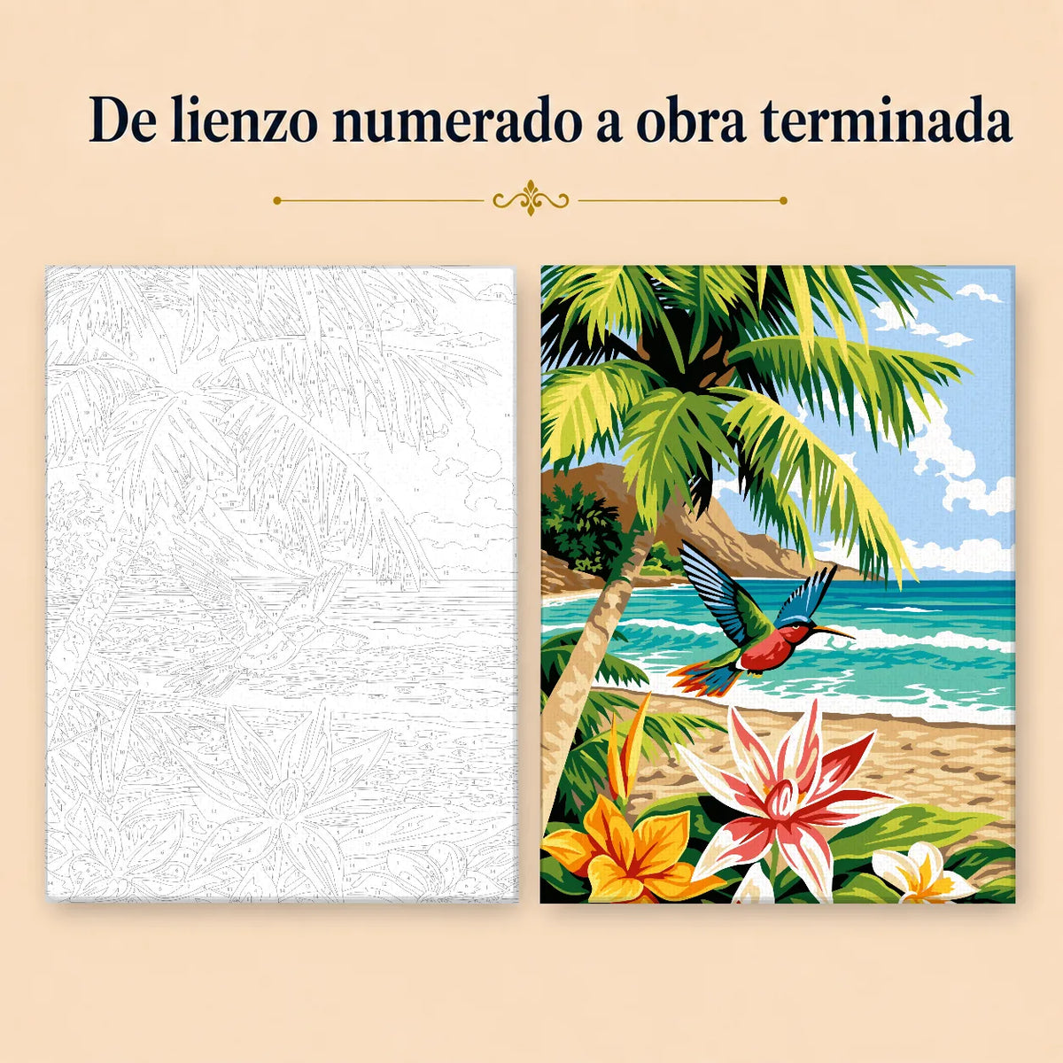 Kit para pintar por números - Paisaje Palma y Colibrí