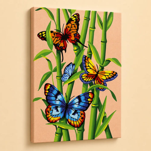 Kit de Lienzo para Pintar por Números - Mariposas Coloridas entre Bambú