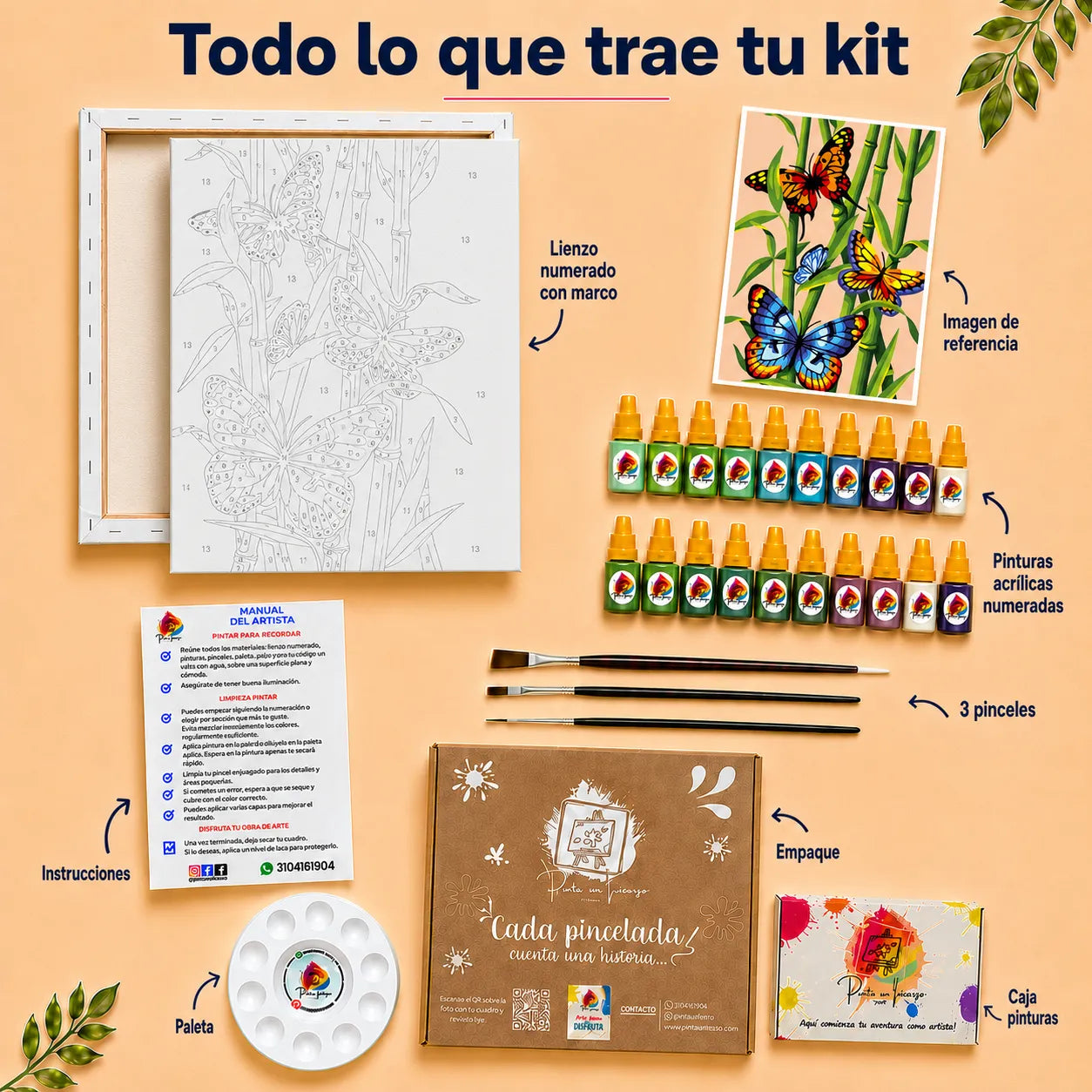 Kit de Lienzo para Pintar por Números - Mariposas Coloridas entre Bambú