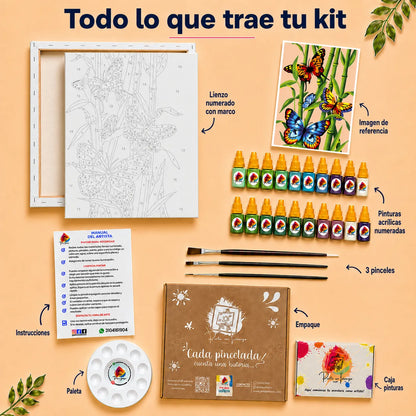 Kit de Lienzo para Pintar por Números - Mariposas Coloridas entre Bambú