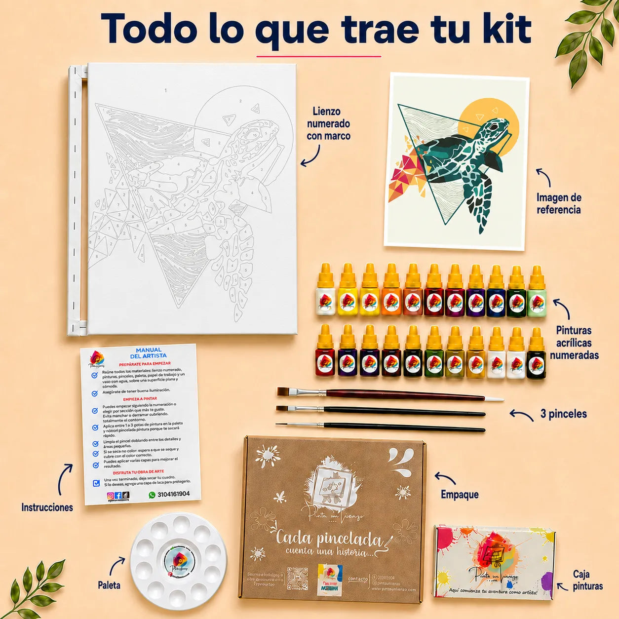Kit de Lienzo para Pintar por Números - Tortuga Carey Estilo Geométrico