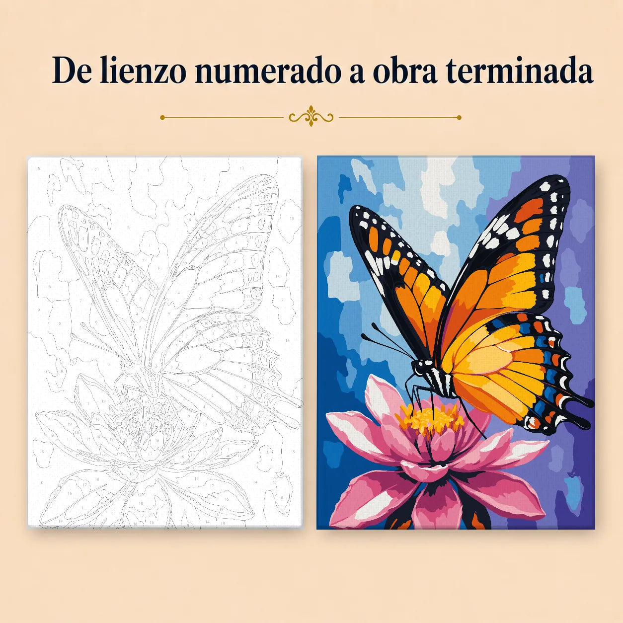 Kit de Lienzo para Pintar por Números - Mariposa Monarca y Flor de Loto