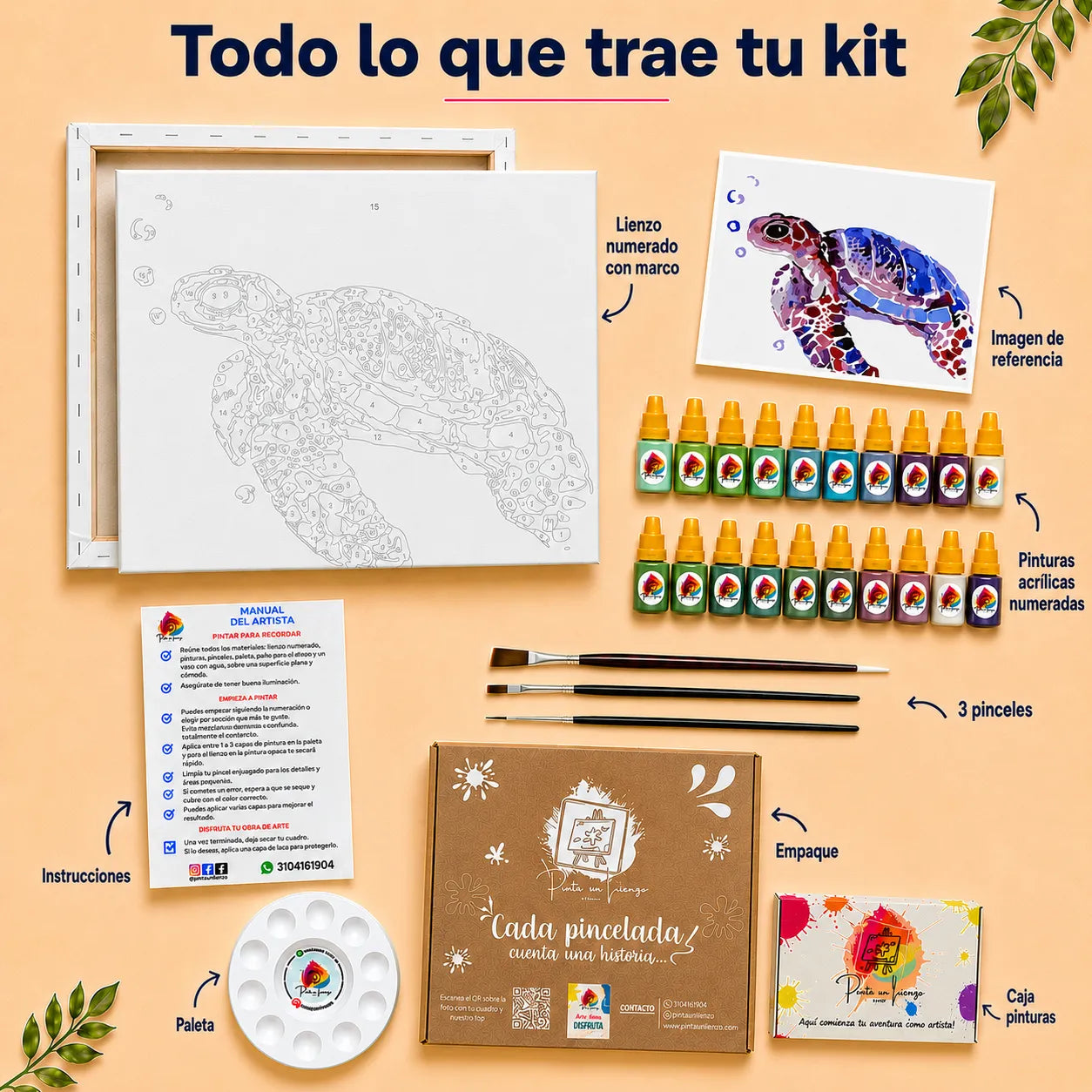 Kit de Lienzo para Pintar por Números - Tortuga Bebé Acuarela Colorida